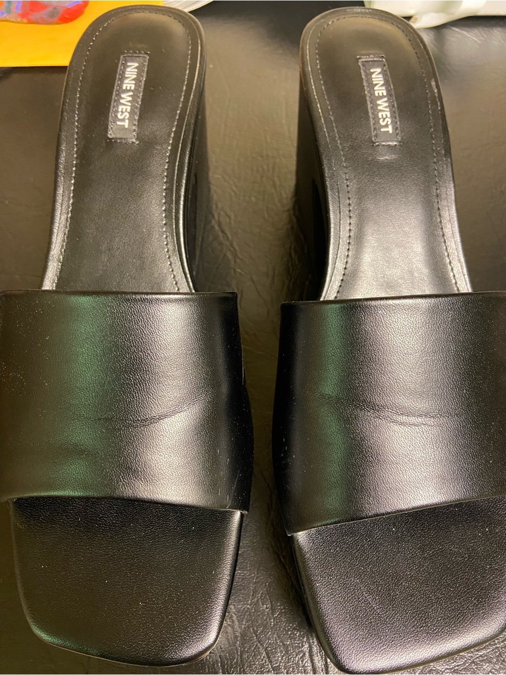 Nine West Chunky Black Leather Slide Mules